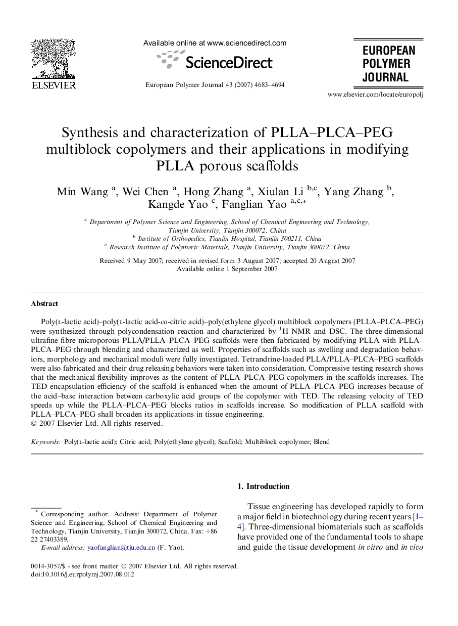 Synthesis and characterization of PLLA–PLCA–PEG multiblock copolymers and their applications in modifying PLLA porous scaffolds