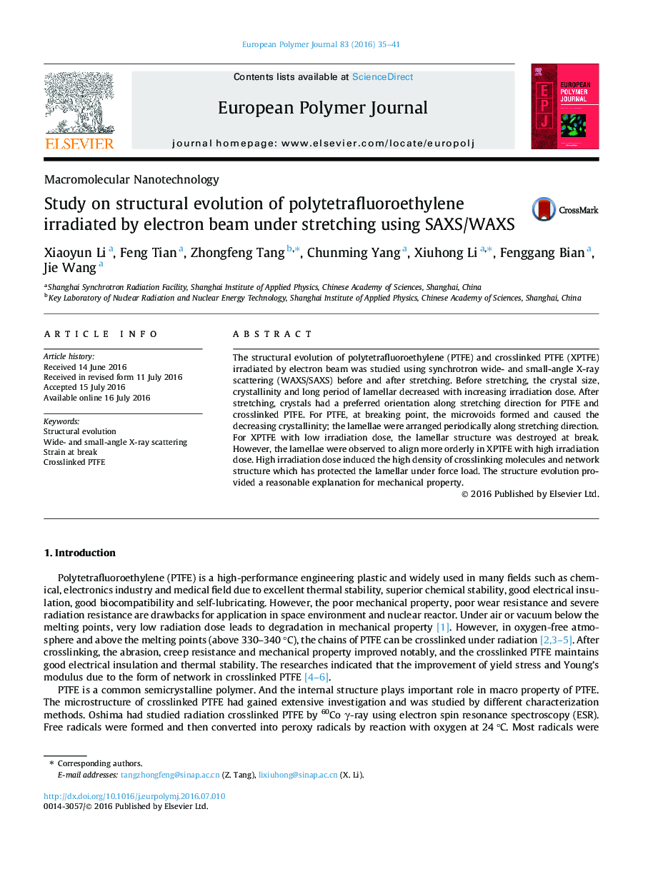 Study on structural evolution of polytetrafluoroethylene irradiated by electron beam under stretching using SAXS/WAXS