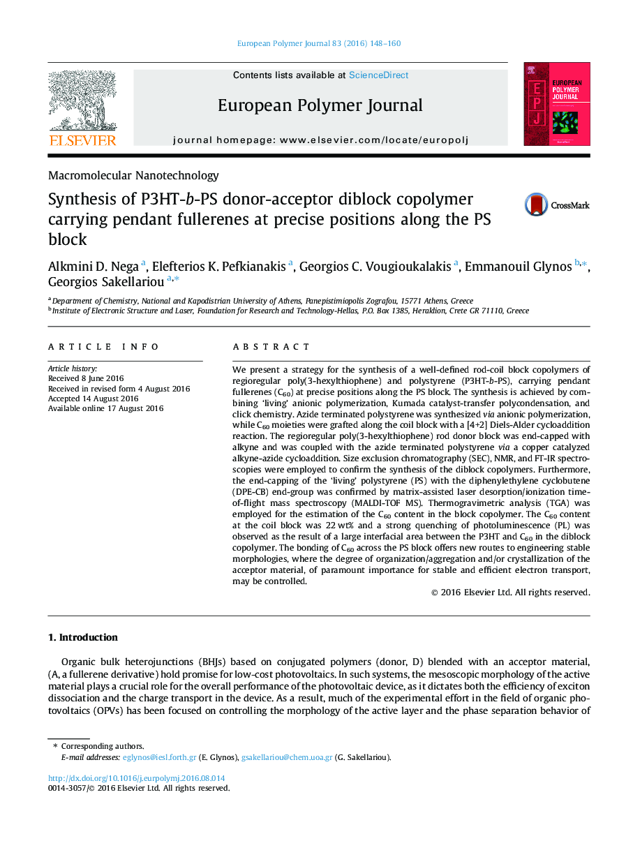 Synthesis of P3HT-b-PS donor-acceptor diblock copolymer carrying pendant fullerenes at precise positions along the PS block