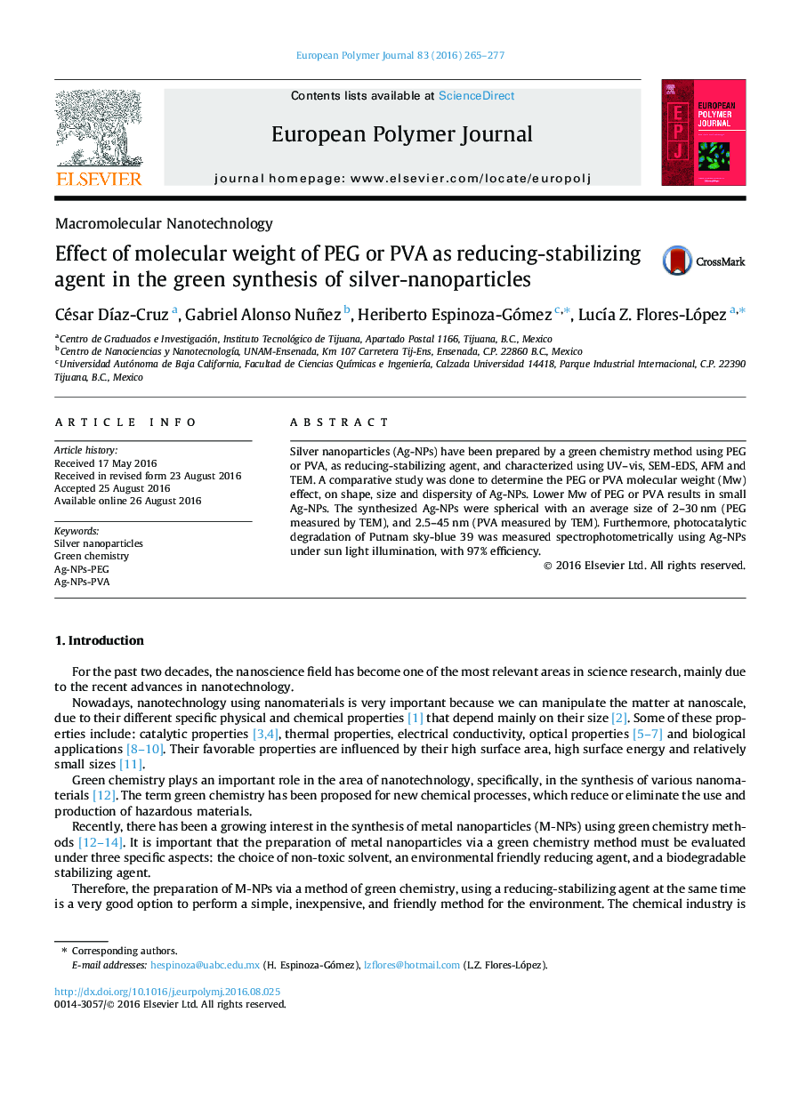 Effect of molecular weight of PEG or PVA as reducing-stabilizing agent in the green synthesis of silver-nanoparticles