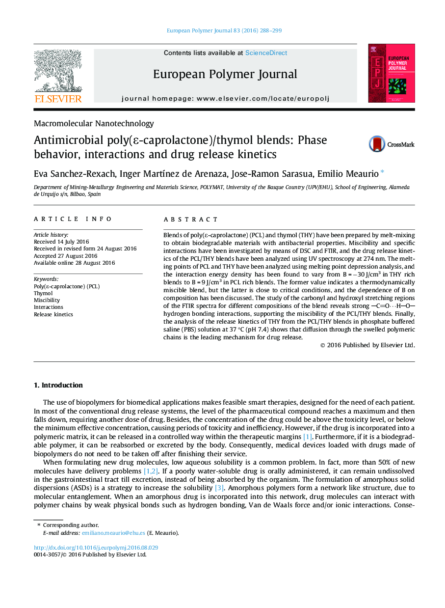 Antimicrobial poly(Îµ-caprolactone)/thymol blends: Phase behavior, interactions and drug release kinetics