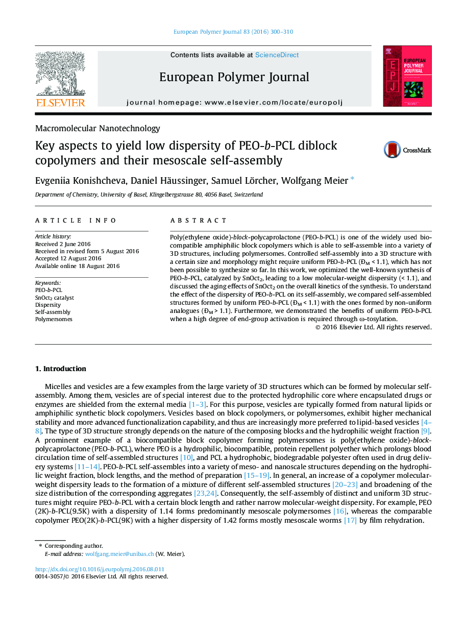 Key aspects to yield low dispersity of PEO-b-PCL diblock copolymers and their mesoscale self-assembly