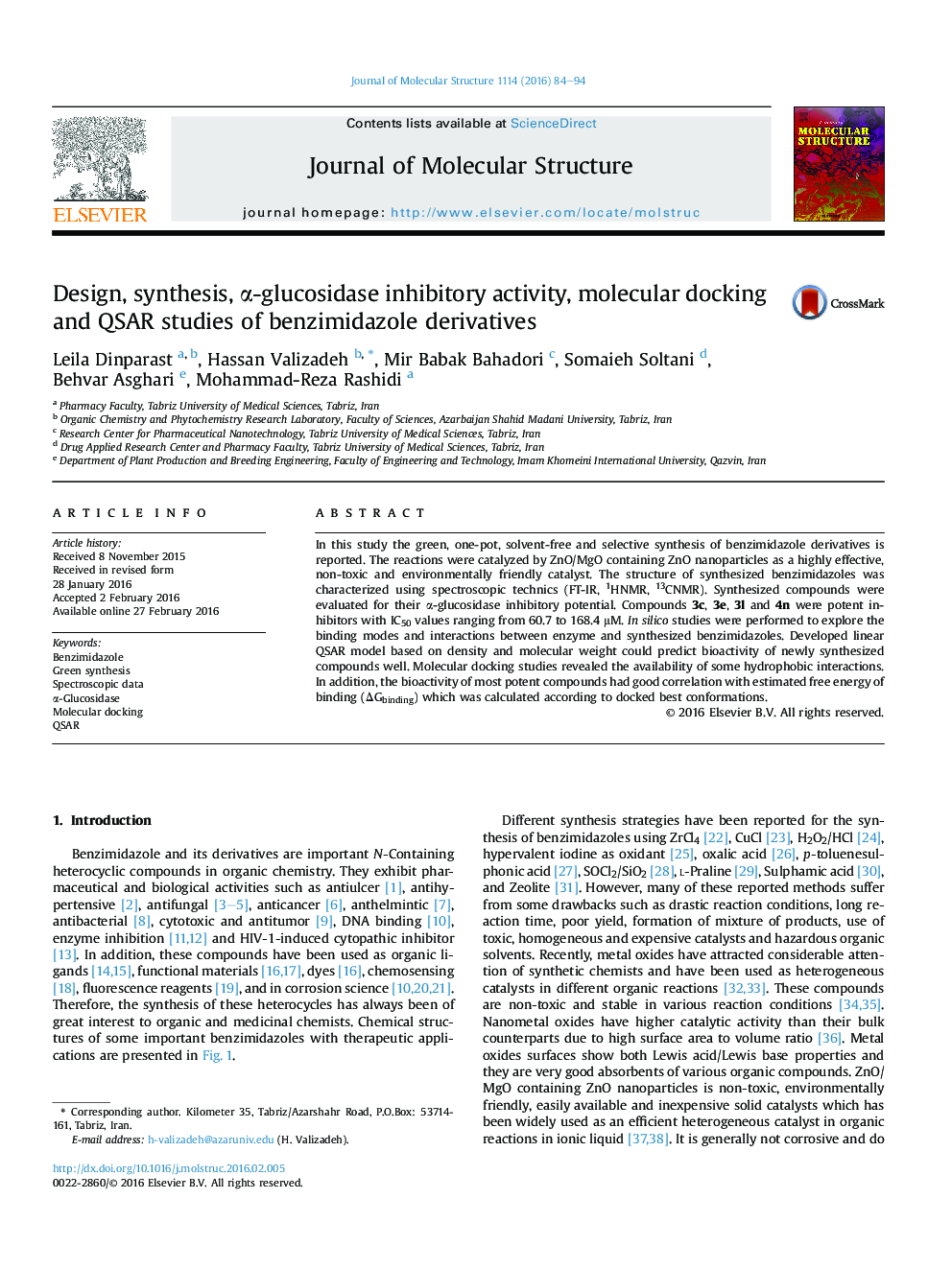 Design, synthesis, α-glucosidase inhibitory activity, molecular docking and QSAR studies of benzimidazole derivatives