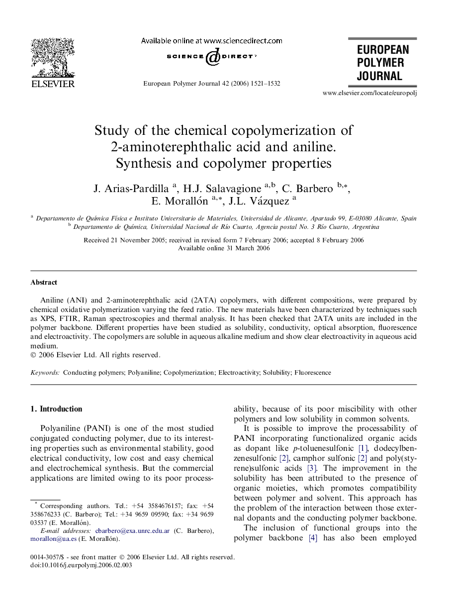 Study of the chemical copolymerization of 2-aminoterephthalic acid and aniline.: Synthesis and copolymer properties