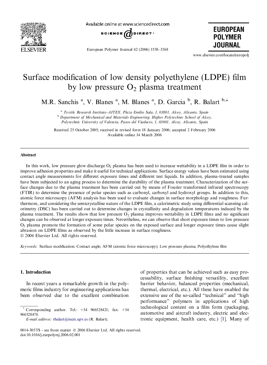 Surface modification of low density polyethylene (LDPE) film by low pressure O2 plasma treatment