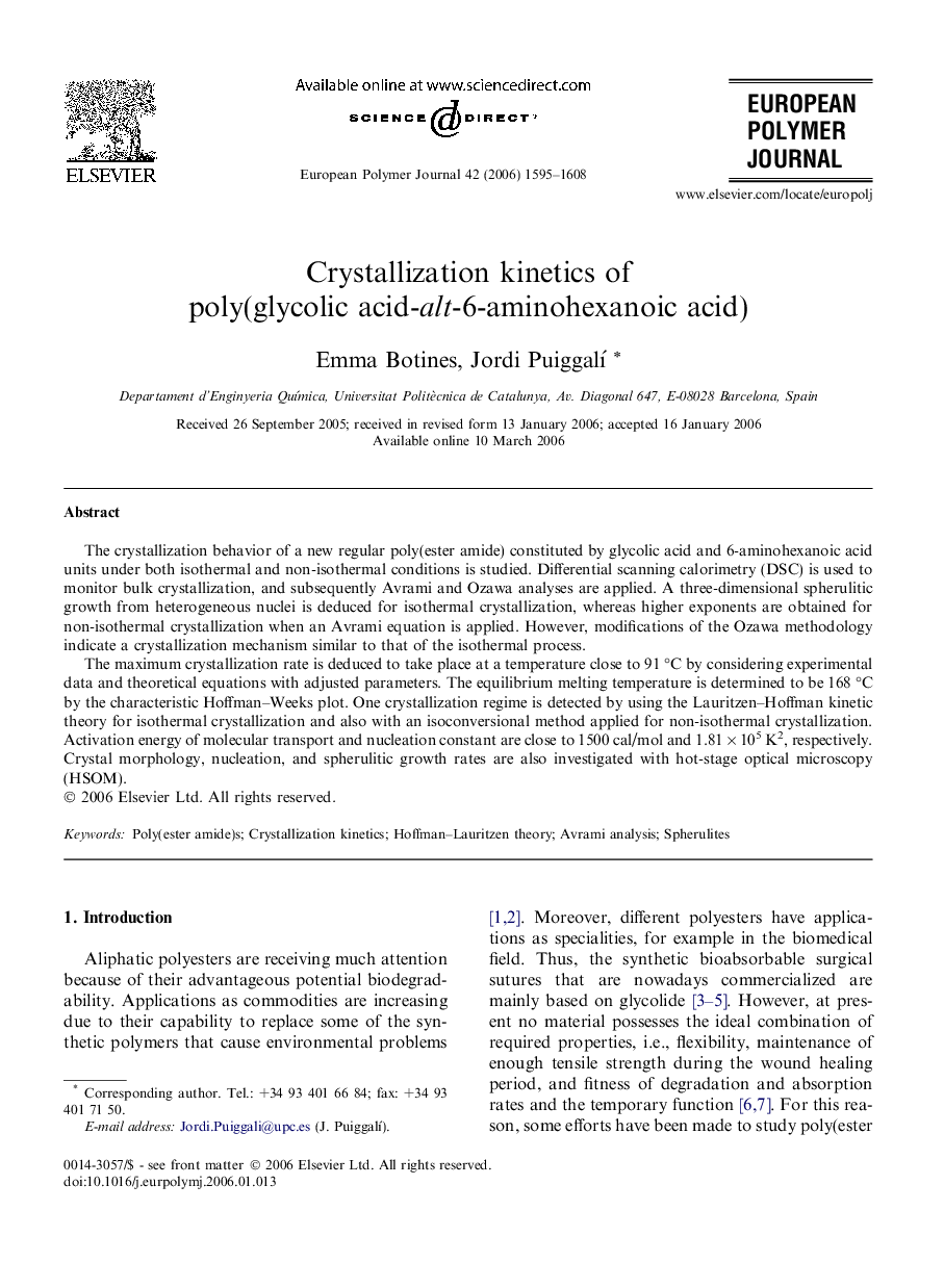 Crystallization kinetics of poly(glycolic acid-alt-6-aminohexanoic acid)