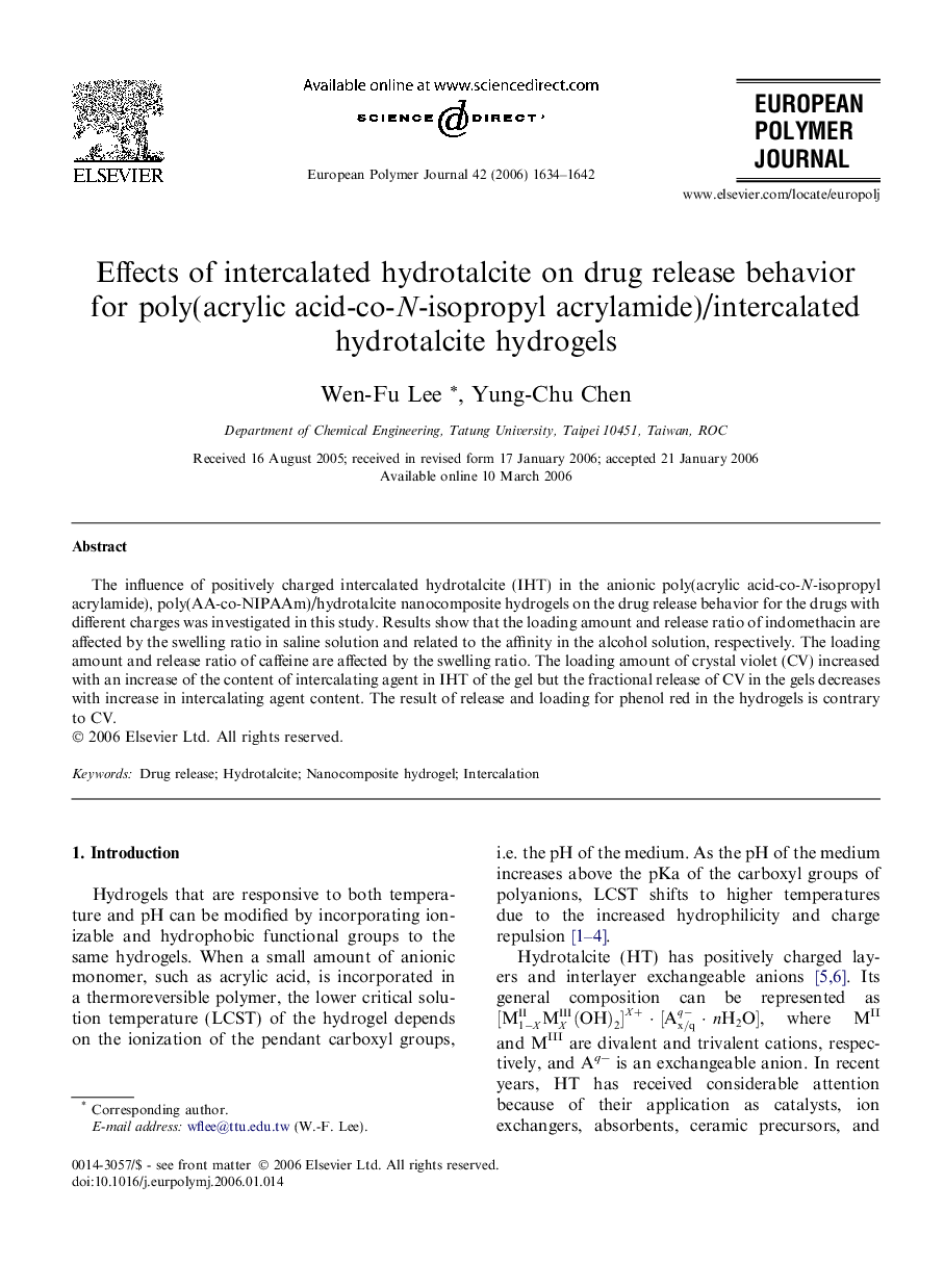 Effects of intercalated hydrotalcite on drug release behavior for poly(acrylic acid-co-N-isopropyl acrylamide)/intercalated hydrotalcite hydrogels