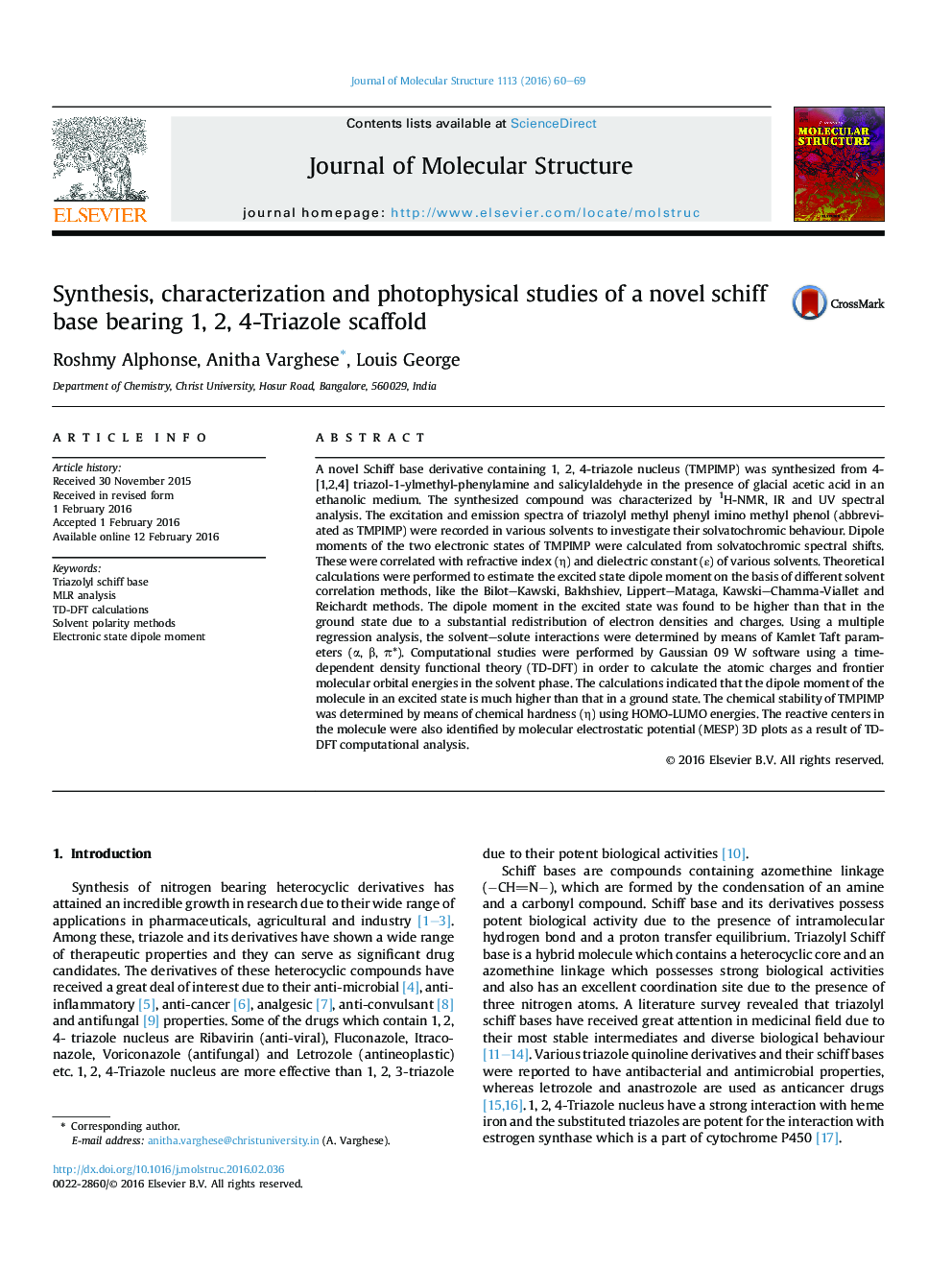 Synthesis, characterization and photophysical studies of a novel schiff base bearing 1, 2, 4-Triazole scaffold