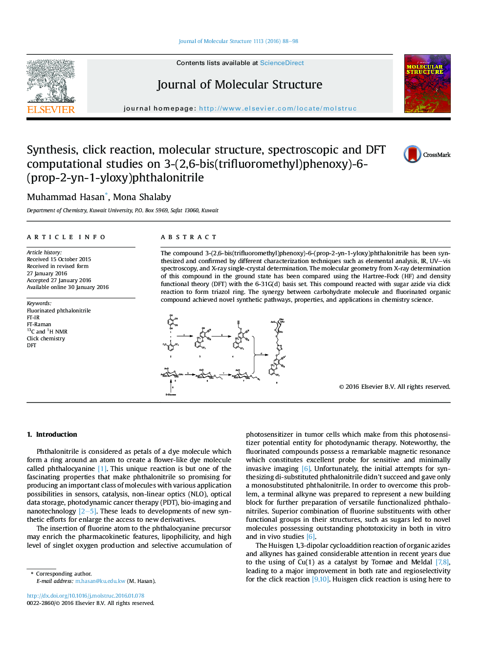 Synthesis, click reaction, molecular structure, spectroscopic and DFT computational studies on 3-(2,6-bis(trifluoromethyl)phenoxy)-6-(prop-2-yn-1-yloxy)phthalonitrile