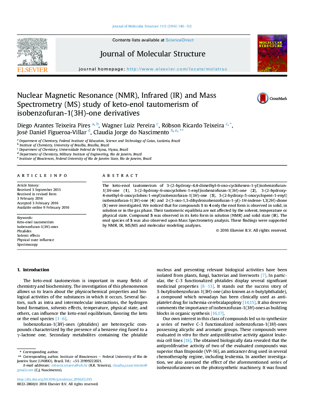Nuclear Magnetic Resonance (NMR), Infrared (IR) and Mass Spectrometry (MS) study of keto-enol tautomerism of isobenzofuran-1(3H)-one derivatives