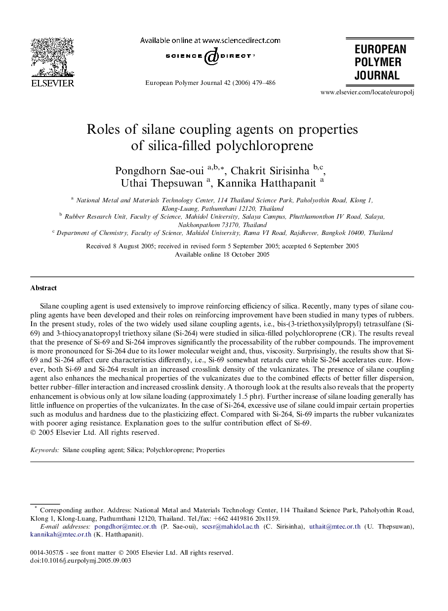 Roles of silane coupling agents on properties of silica-filled polychloroprene