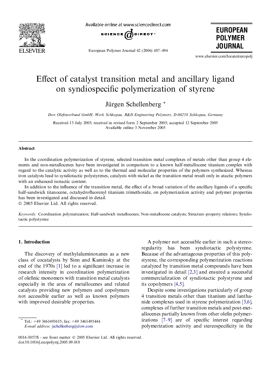 Effect of catalyst transition metal and ancillary ligand on syndiospecific polymerization of styrene