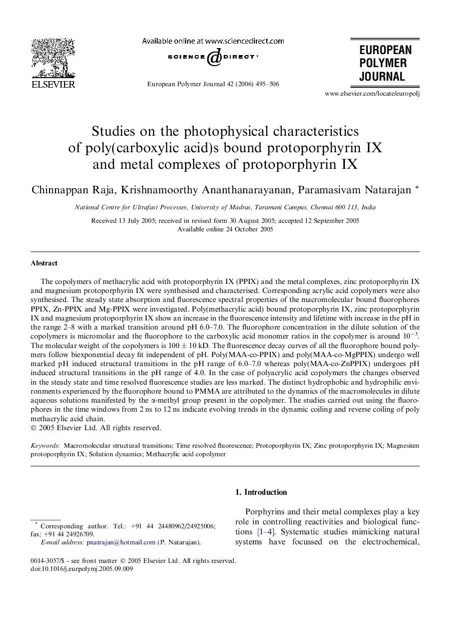 Studies on the photophysical characteristics of poly(carboxylic acid)s bound protoporphyrin IX and metal complexes of protoporphyrin IX