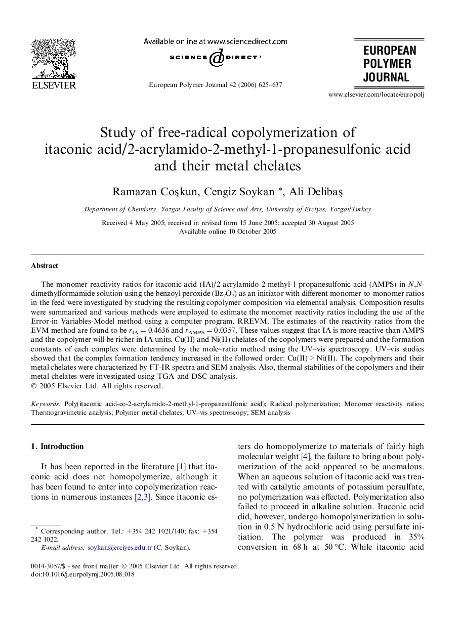 Study of free-radical copolymerization of itaconic acid/2-acrylamido-2-methyl-1-propanesulfonic acid and their metal chelates