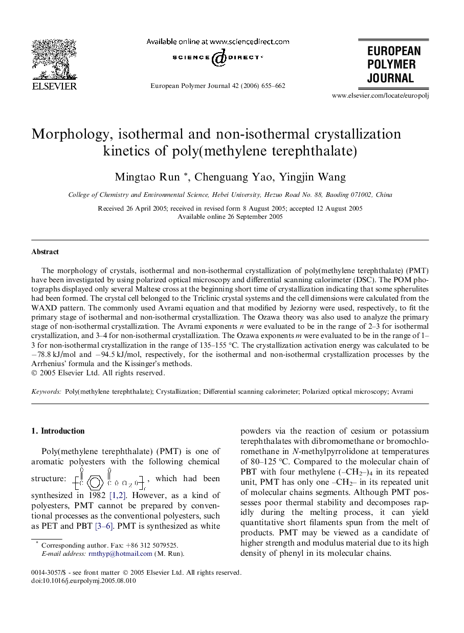 Morphology, isothermal and non-isothermal crystallization kinetics of poly(methylene terephthalate)