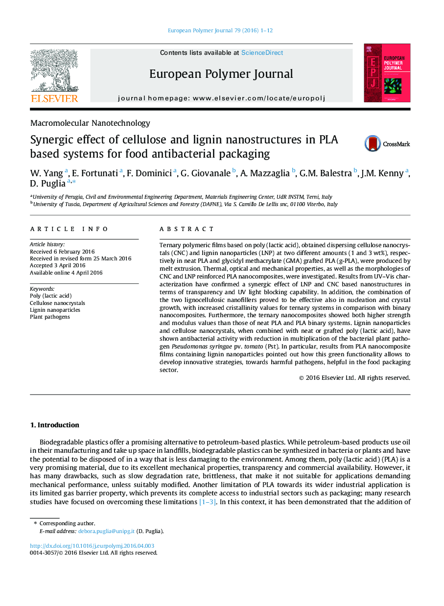 Synergic effect of cellulose and lignin nanostructures in PLA based systems for food antibacterial packaging