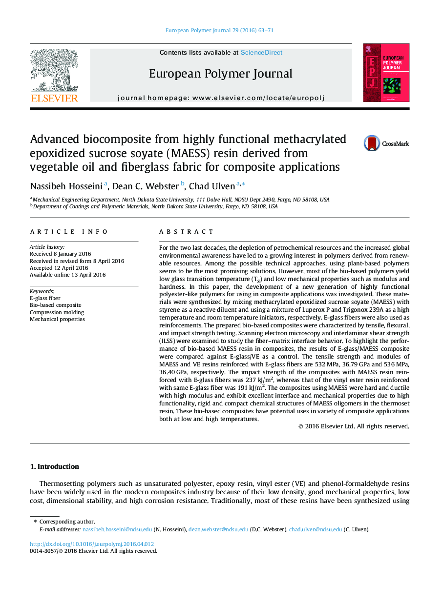 Advanced biocomposite from highly functional methacrylated epoxidized sucrose soyate (MAESS) resin derived from vegetable oil and fiberglass fabric for composite applications