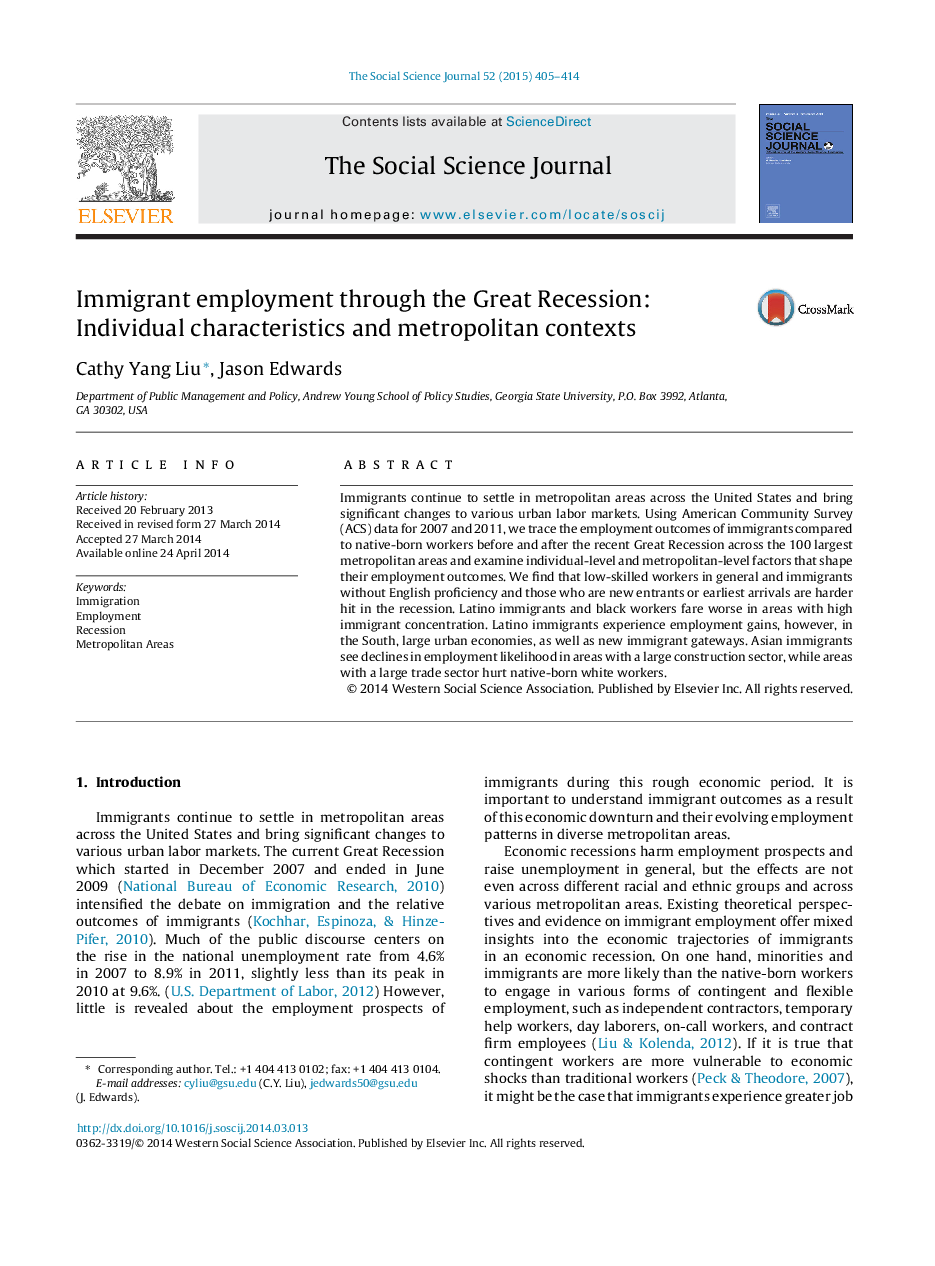 Immigrant employment through the Great Recession: Individual characteristics and metropolitan contexts