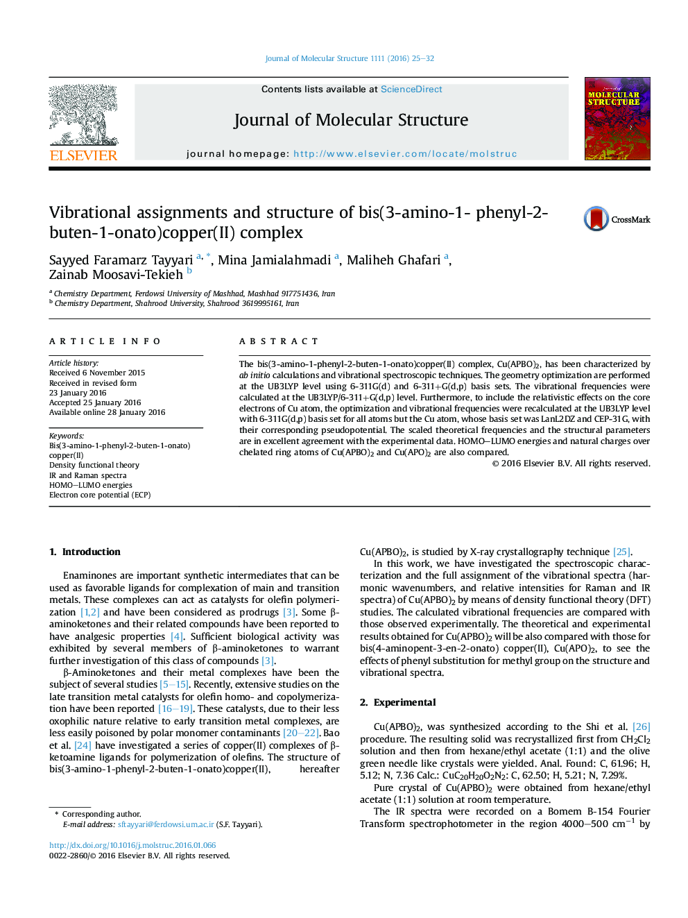 Vibrational assignments and structure of bis(3-amino-1- phenyl-2-buten-1-onato)copper(II) complex