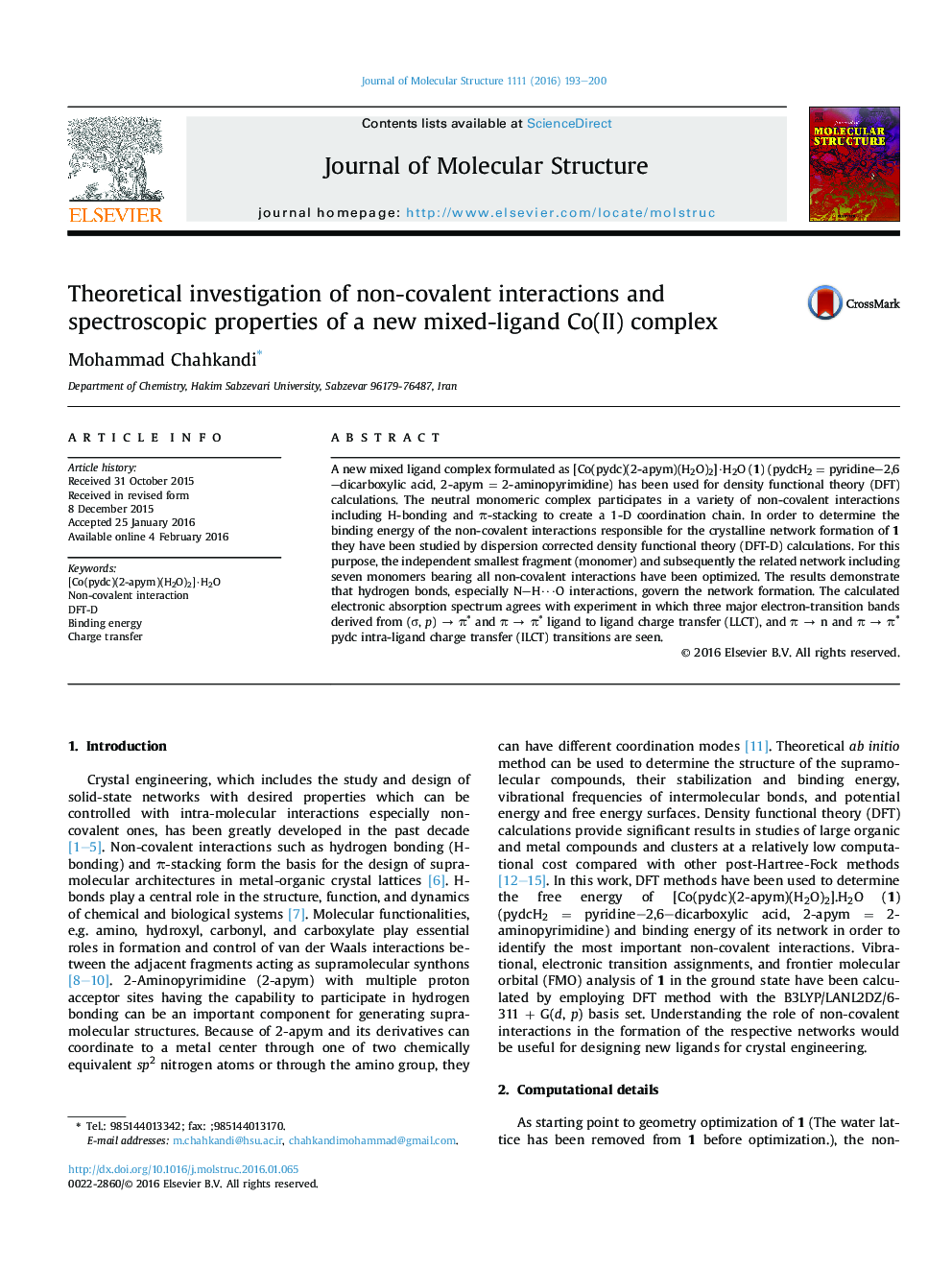 Theoretical investigation of non-covalent interactions and spectroscopic properties of a new mixed-ligand Co(II) complex