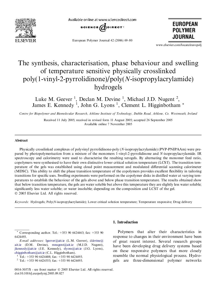 The synthesis, characterisation, phase behaviour and swelling of temperature sensitive physically crosslinked poly(1-vinyl-2-pyrrolidinone)/poly(N-isopropylacrylamide) hydrogels