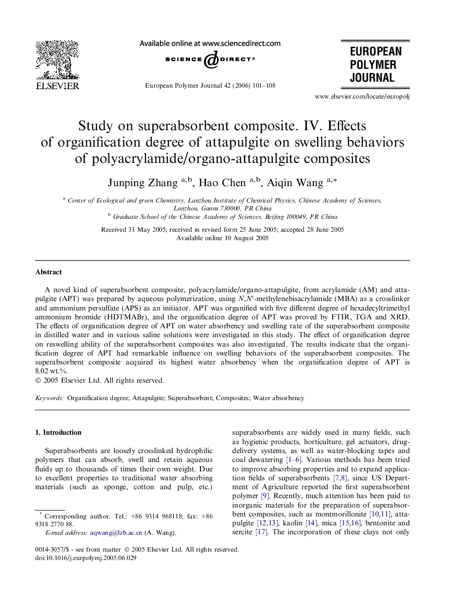 Study on superabsorbent composite. IV. Effects of organification degree of attapulgite on swelling behaviors of polyacrylamide/organo-attapulgite composites