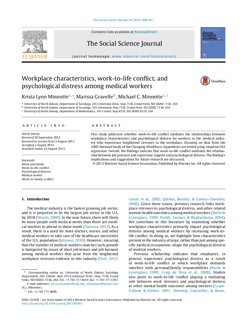 Workplace characteristics, work-to-life conflict, and psychological distress among medical workers