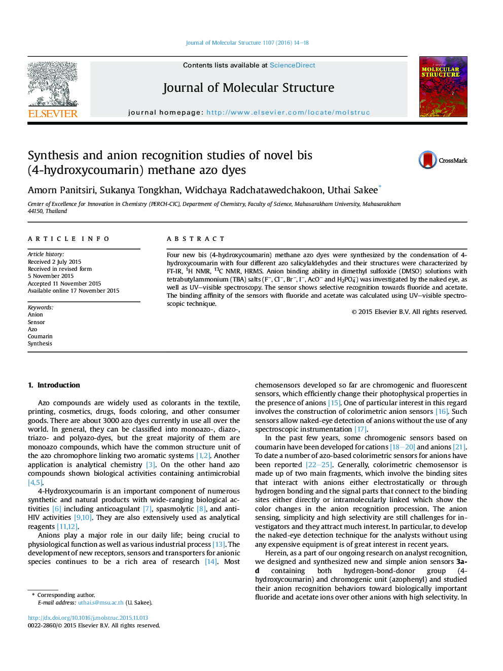 سنتز و مطالعات تشخیص آنیون جدید رنگ ایزو متان bis (4-hydroxycoumarin) 
