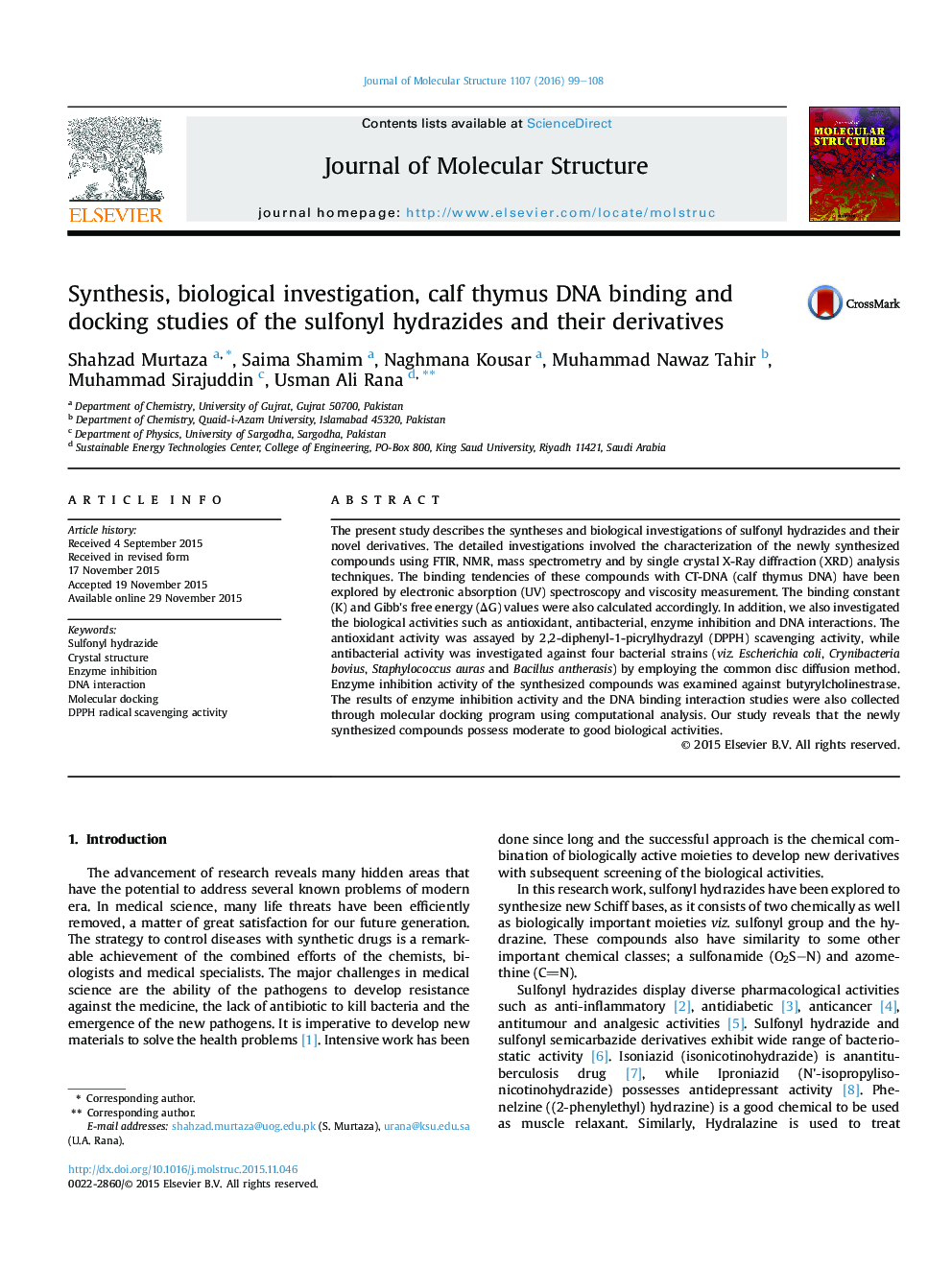 Synthesis, biological investigation, calf thymus DNA binding and docking studies of the sulfonyl hydrazides and their derivatives