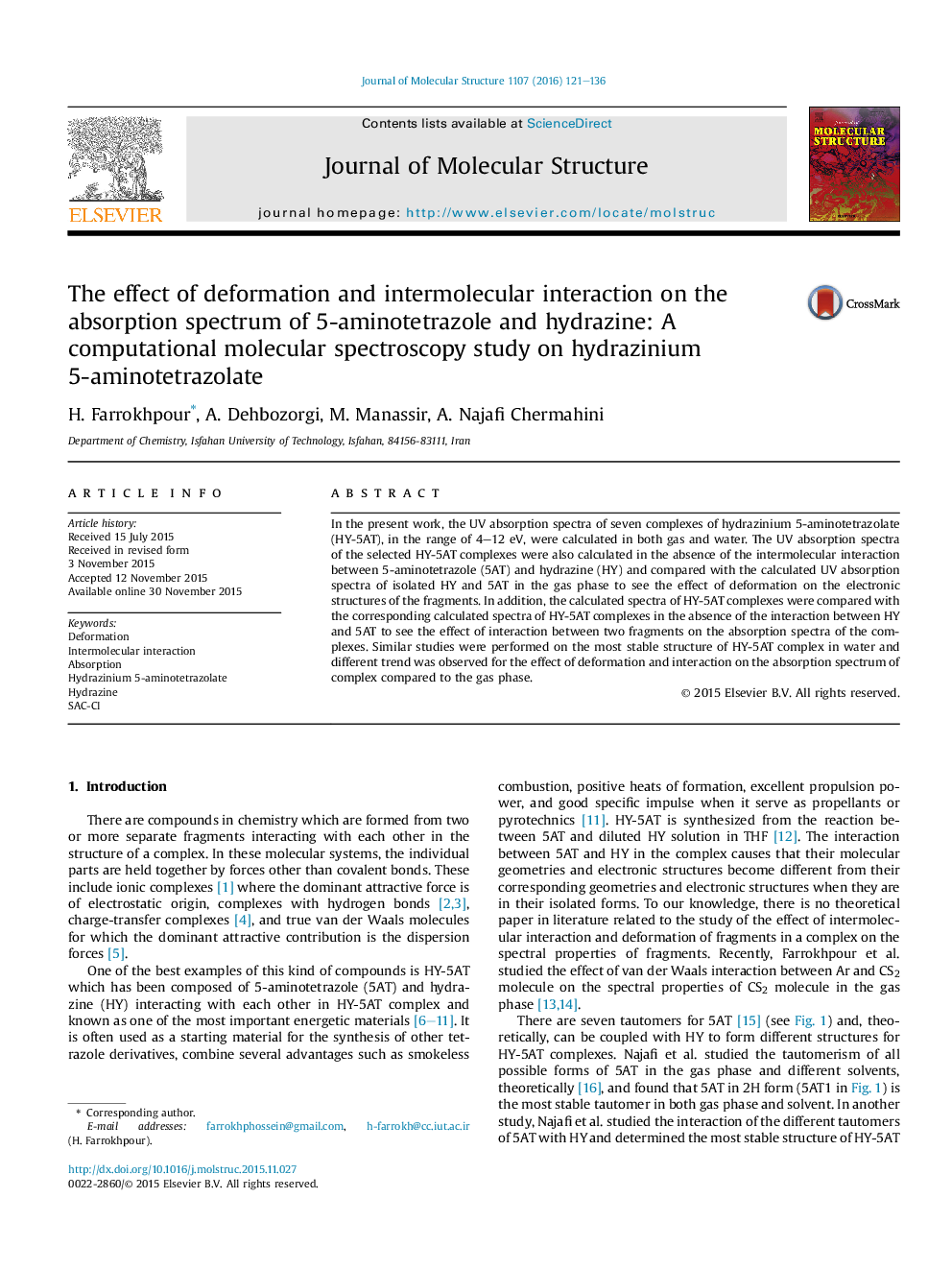 The effect of deformation and intermolecular interaction on the absorption spectrum of 5-aminotetrazole and hydrazine: A computational molecular spectroscopy study on hydrazinium 5-aminotetrazolate