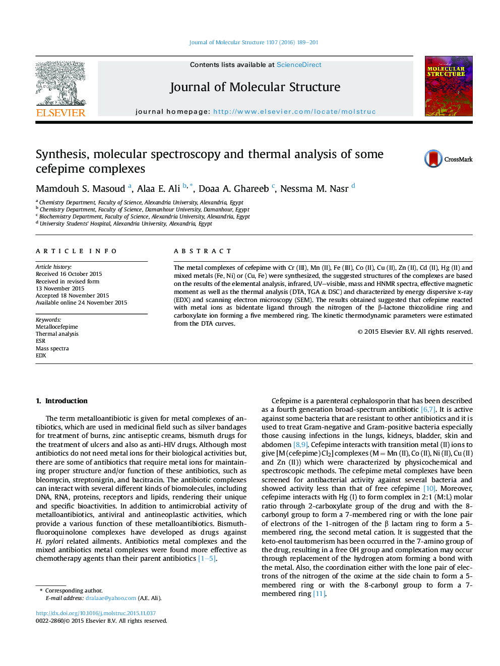 Synthesis, molecular spectroscopy and thermal analysis of some cefepime complexes