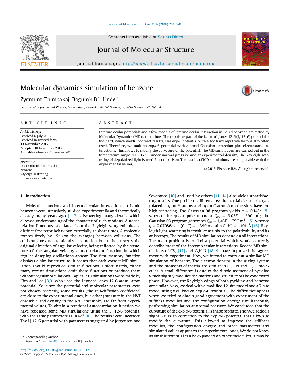 Molecular dynamics simulation of benzene