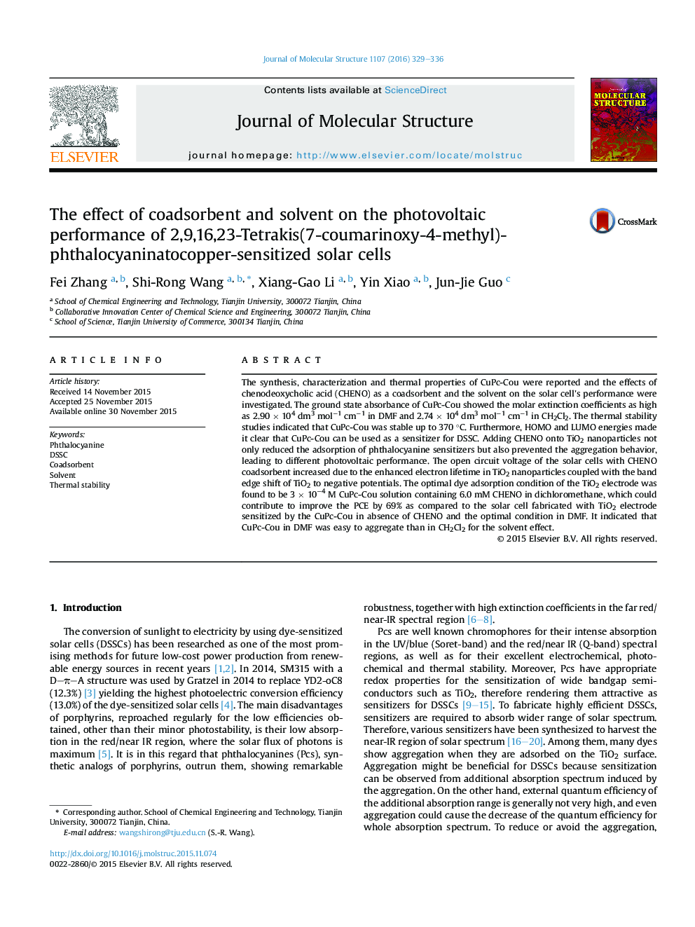 The effect of coadsorbent and solvent on the photovoltaic performance of 2,9,16,23-Tetrakis(7-coumarinoxy-4-methyl)-phthalocyaninatocopper-sensitized solar cells