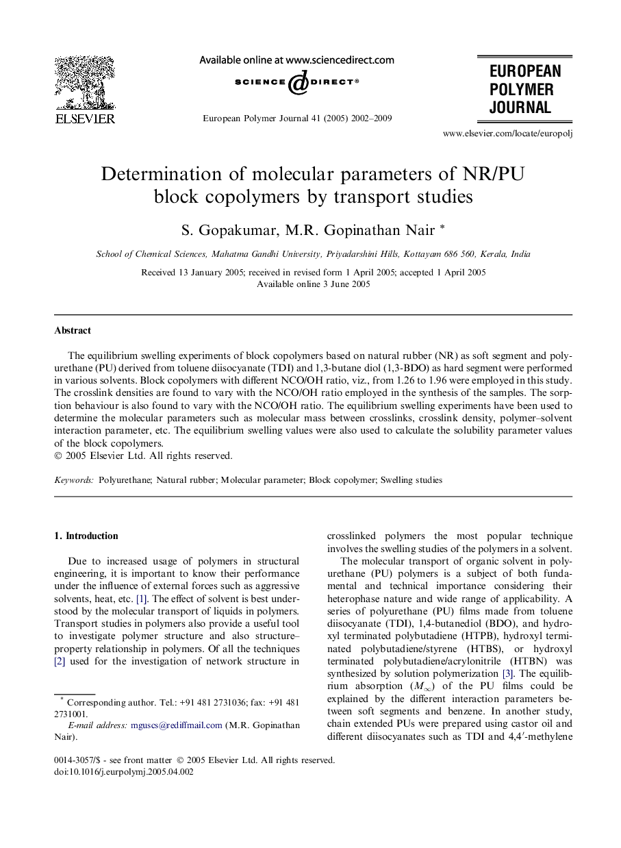 Determination of molecular parameters of NR/PU block copolymers by transport studies