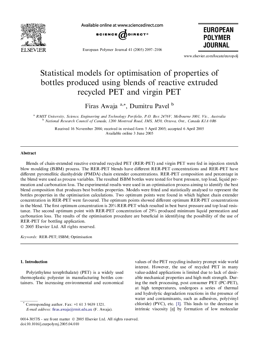 Statistical models for optimisation of properties of bottles produced using blends of reactive extruded recycled PET and virgin PET