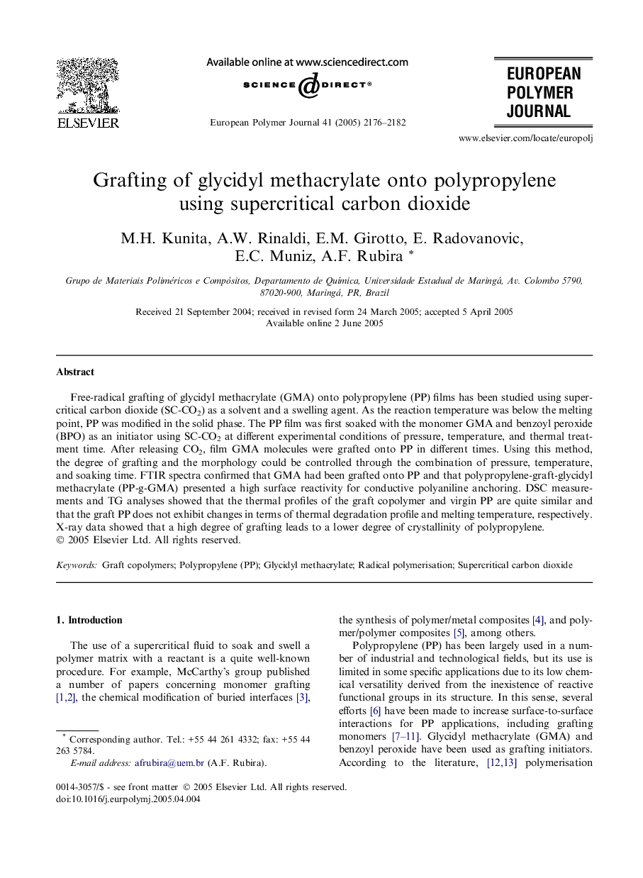 Grafting of glycidyl methacrylate onto polypropylene using supercritical carbon dioxide