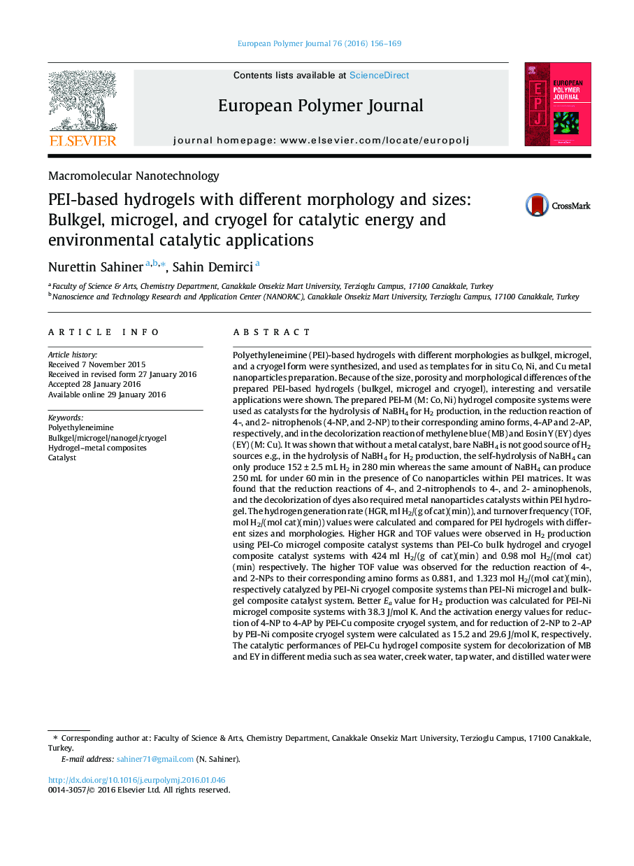 PEI-based hydrogels with different morphology and sizes: Bulkgel, microgel, and cryogel for catalytic energy and environmental catalytic applications