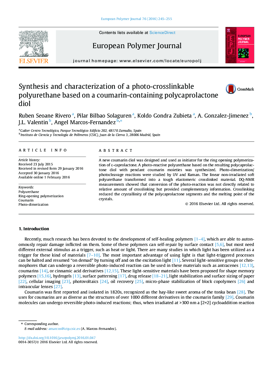 Synthesis and characterization of a photo-crosslinkable polyurethane based on a coumarin-containing polycaprolactone diol