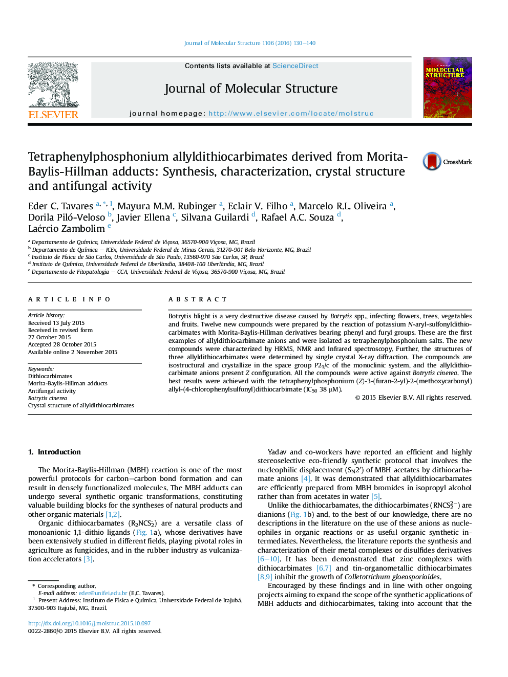 Tetraphenylphosphonium allyldithiocarbimates derived from Morita-Baylis-Hillman adducts: Synthesis, characterization, crystal structure and antifungal activity