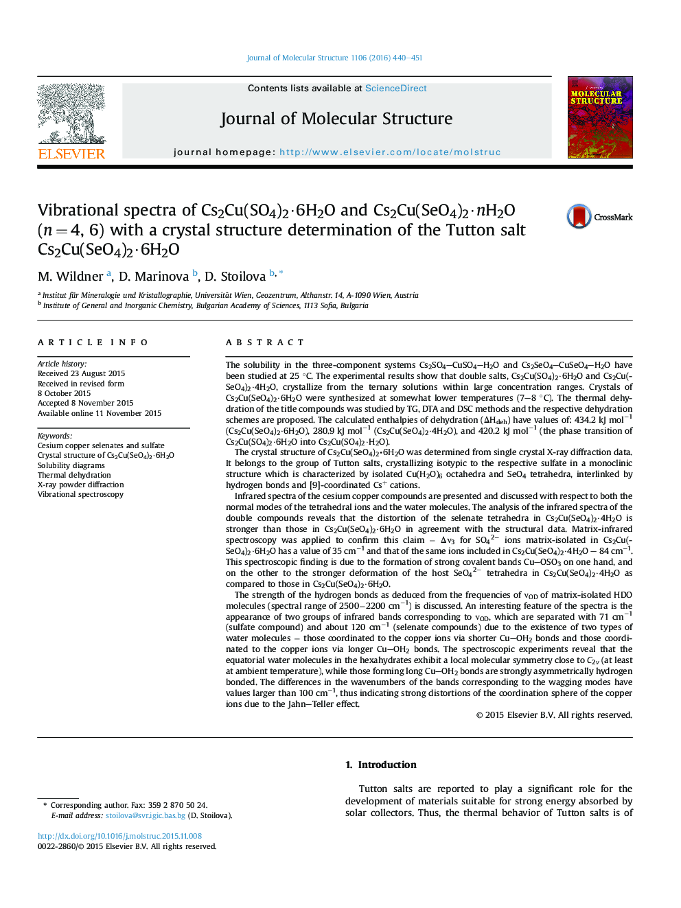 Vibrational spectra of Cs2Cu(SO4)2·6H2O and Cs2Cu(SeO4)2·nH2O (n = 4, 6) with a crystal structure determination of the Tutton salt Cs2Cu(SeO4)2·6H2O