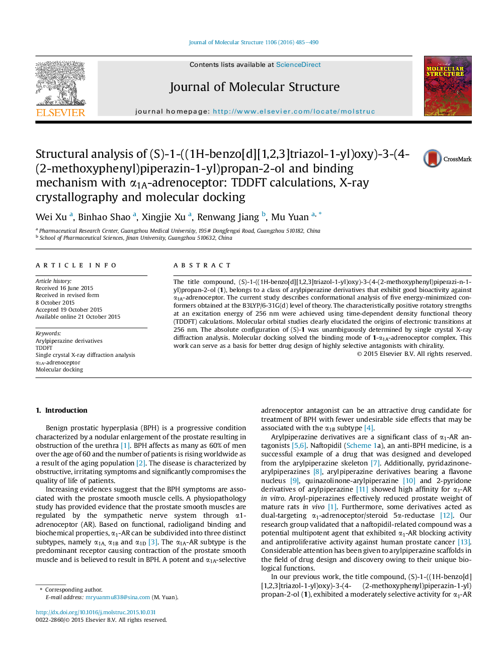 Structural analysis of (S)-1-((1H-benzo[d][1,2,3]triazol-1-yl)oxy)-3-(4-(2-methoxyphenyl)piperazin-1-yl)propan-2-ol and binding mechanism with Î±1A-adrenoceptor: TDDFT calculations, X-ray crystallography and molecular docking