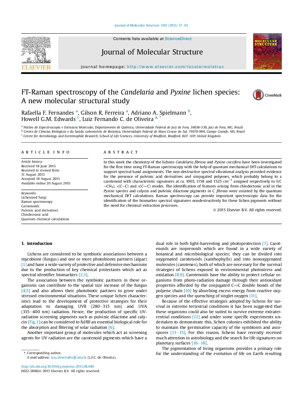 FT-Raman spectroscopy of the Candelaria and Pyxine lichen species: AÂ new molecular structural study