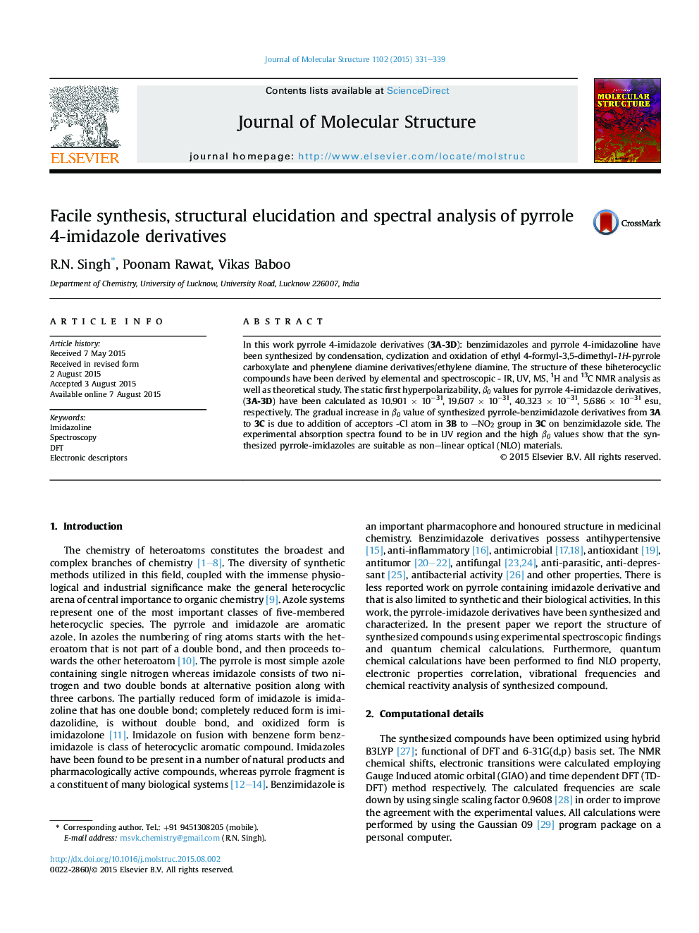 Facile synthesis, structural elucidation and spectral analysis of pyrrole 4-imidazole derivatives