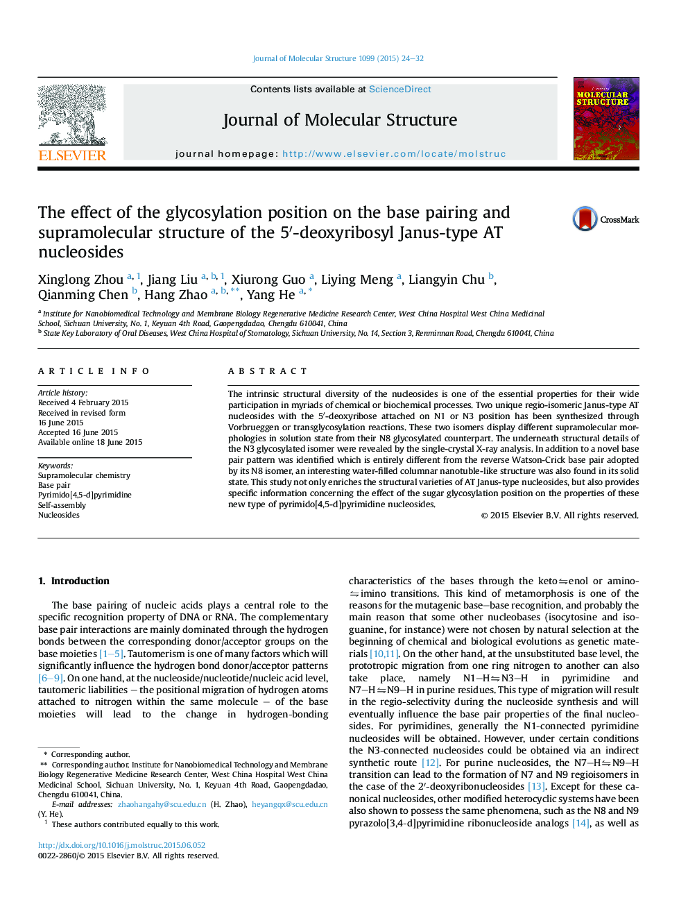 عکس صفحه اول مقاله: The effect of the glycosylation position on the base pairing and supramolecular structure of the 5′-deoxyribosyl Janus-type AT nucleosides The effect of the glycosylation position on the base pairing and supramolecular structure of the 5′-deoxyribosyl Janus-type AT nucleosides