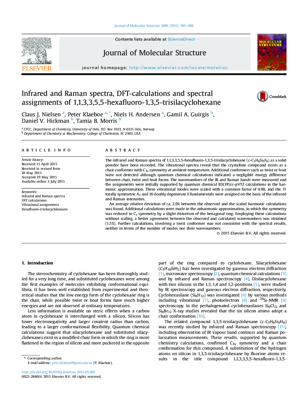 Infrared and Raman spectra, DFT-calculations and spectral assignments of 1,1,3,3,5,5-hexafluoro-1,3,5-trisilacyclohexane