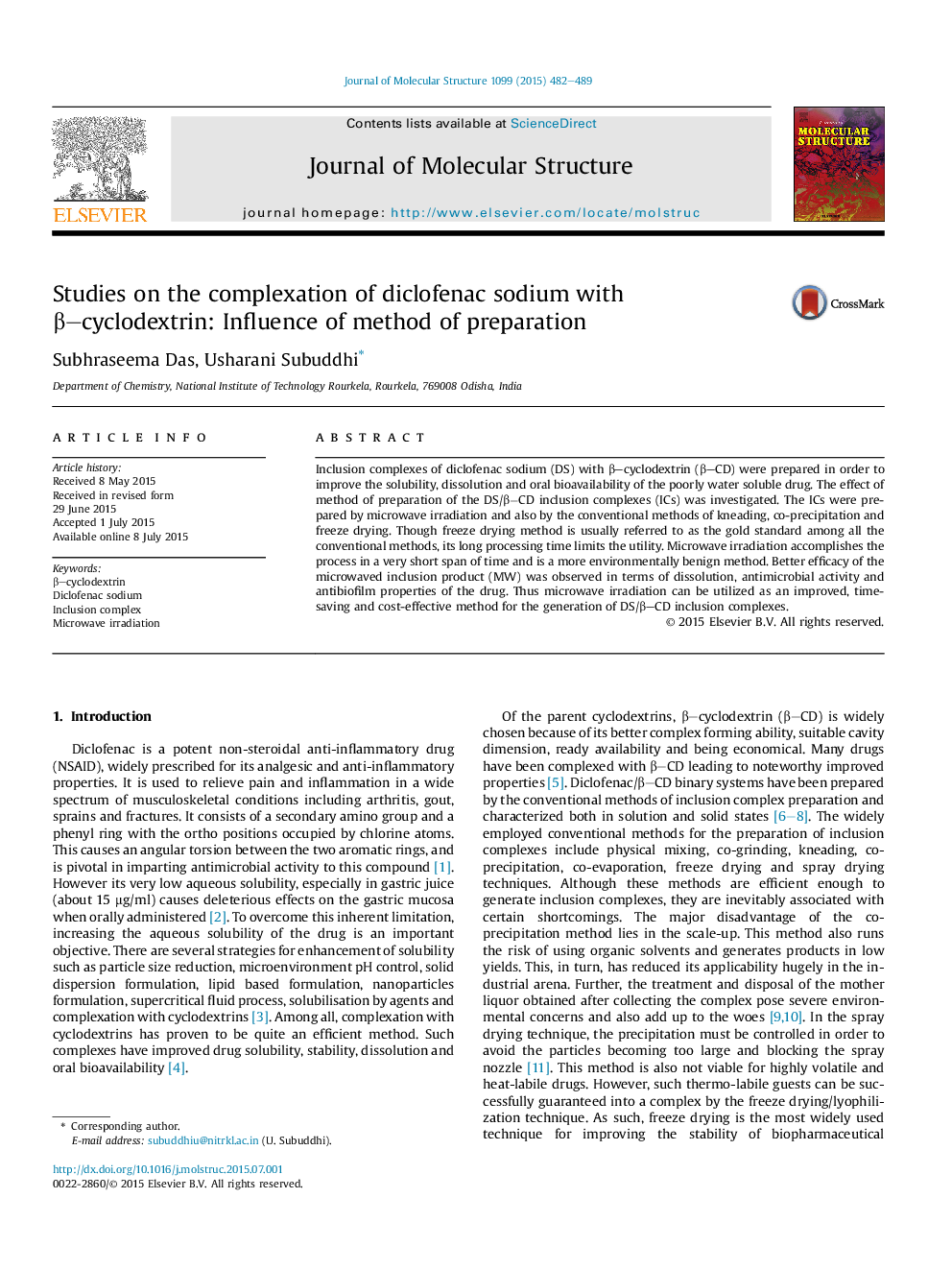 Studies on the complexation of diclofenac sodium with β–cyclodextrin: Influence of method of preparation