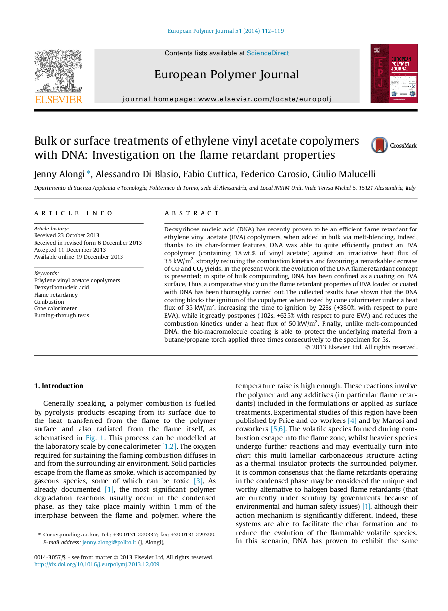 Bulk or surface treatments of ethylene vinyl acetate copolymers with DNA: Investigation on the flame retardant properties