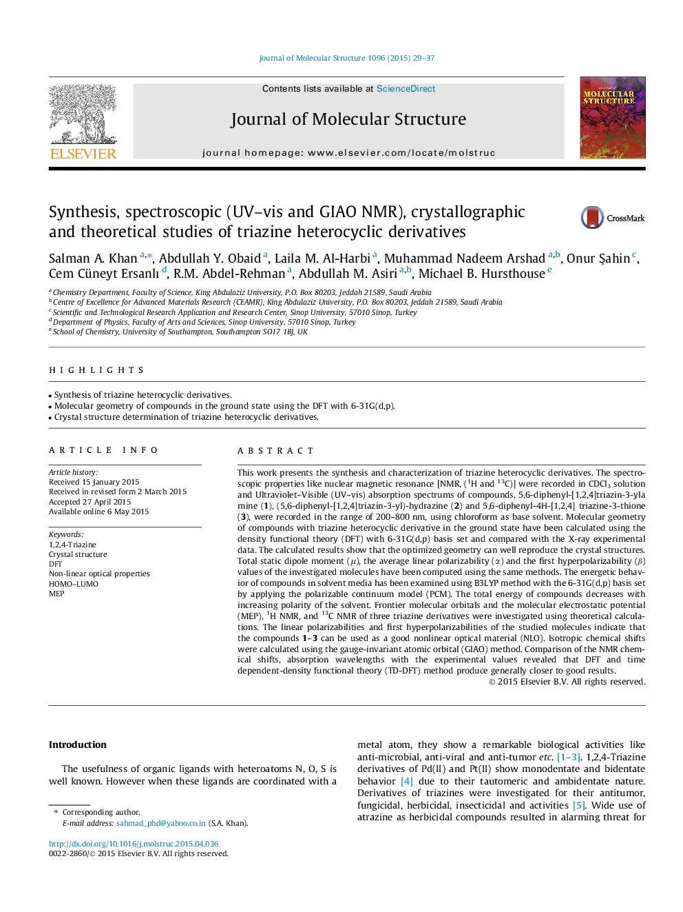 Synthesis, spectroscopic (UV–vis and GIAO NMR), crystallographic and theoretical studies of triazine heterocyclic derivatives