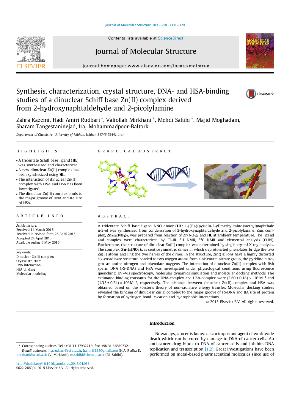 Synthesis, characterization, crystal structure, DNA- and HSA-binding studies of a dinuclear Schiff base Zn(II) complex derived from 2-hydroxynaphtaldehyde and 2-picolylamine