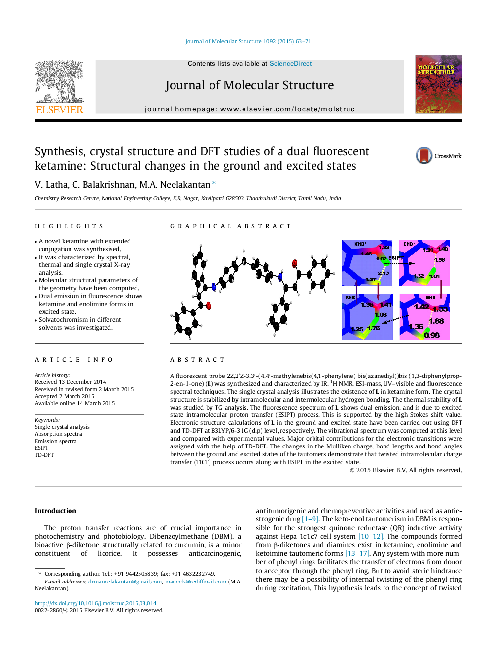 Synthesis, crystal structure and DFT studies of a dual fluorescent ketamine: Structural changes in the ground and excited states